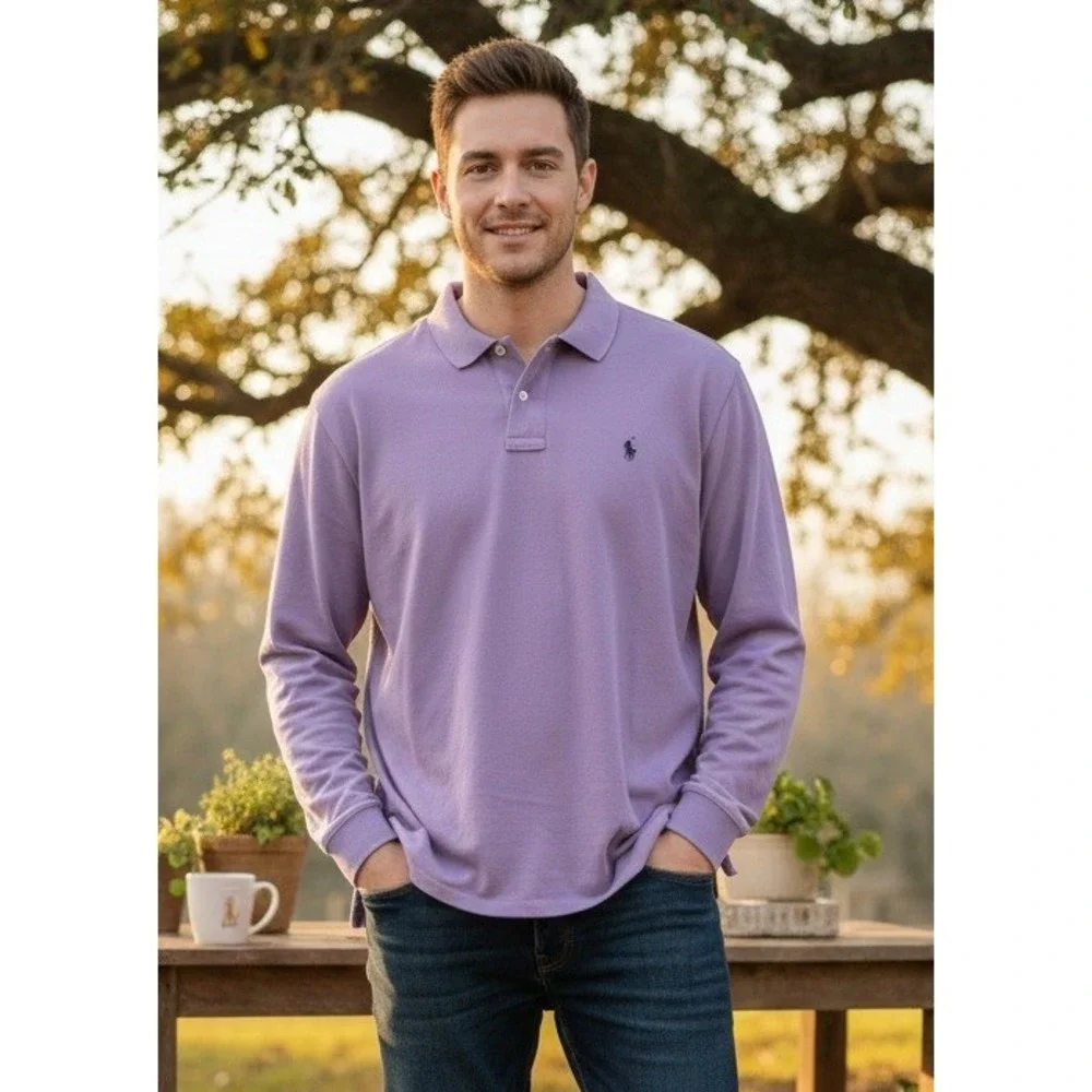 Lot of 2 Polo Ralph Lauren Men's XL Long Sleeve‎ Polo Shirt Purple Red Striped